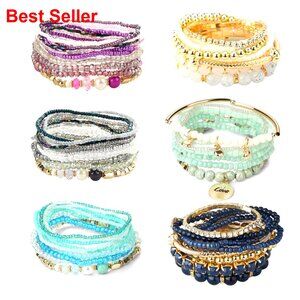 Stackable Bead Bracelets Set Stretch Bohemian Style Multilayered